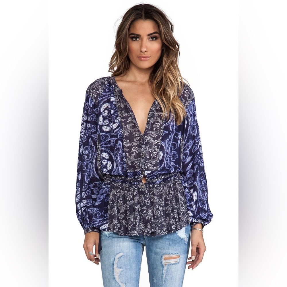 Free People Boho Ratio Indigo Printed Button Down Tunic Blouse size XS EUC - Picture 1 of 11